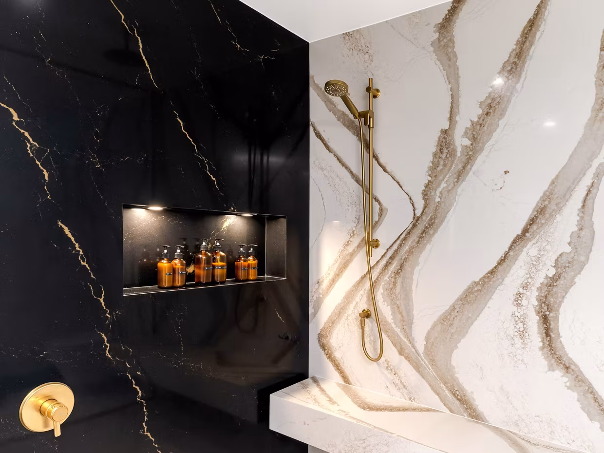 Cambria Quartz Countertops brittanicca gold warm woodcroft shower katherine uai